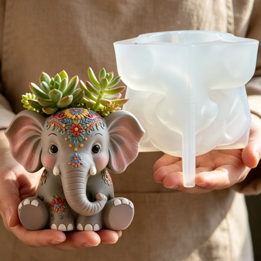 Squatting elephant succulent plant flowerpot resin silicone mold flower relief elephant storage box candle cup gypsum molds