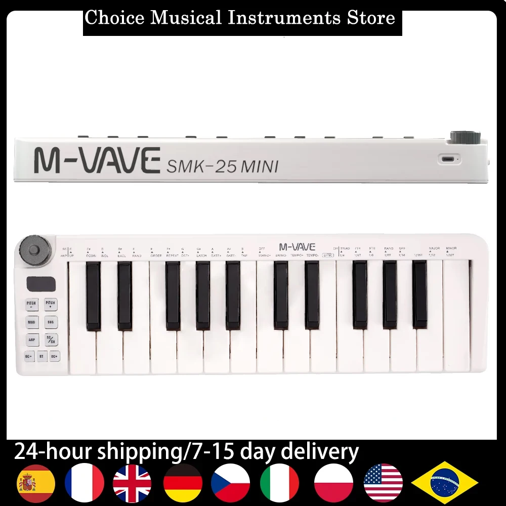 M-VAVE SMK-25mini pro teclado midi recarregável 25 teclas sensíveis à velocidade + usb-compatível com ios/android/pc porta tripla