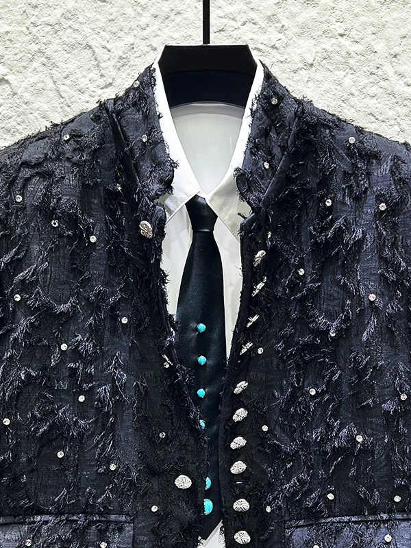 Men's 2025 Autumn New High-End Diamond-Studded Starry Sky Stand Collar Jackets Men's Unique Button Tassel Small Fragrant Coats