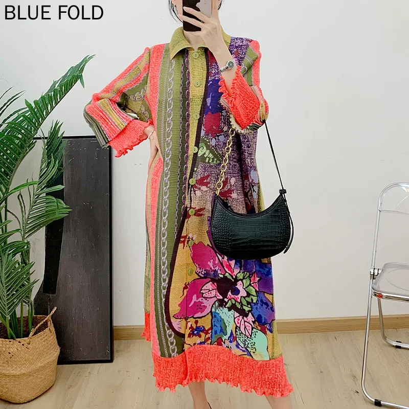 MIYAKE-Printed Lapel Long Windbreaker Women Spring and Autumn Fashion Loose Large Size Lace-up Printed Slimming Pleated Cardigan