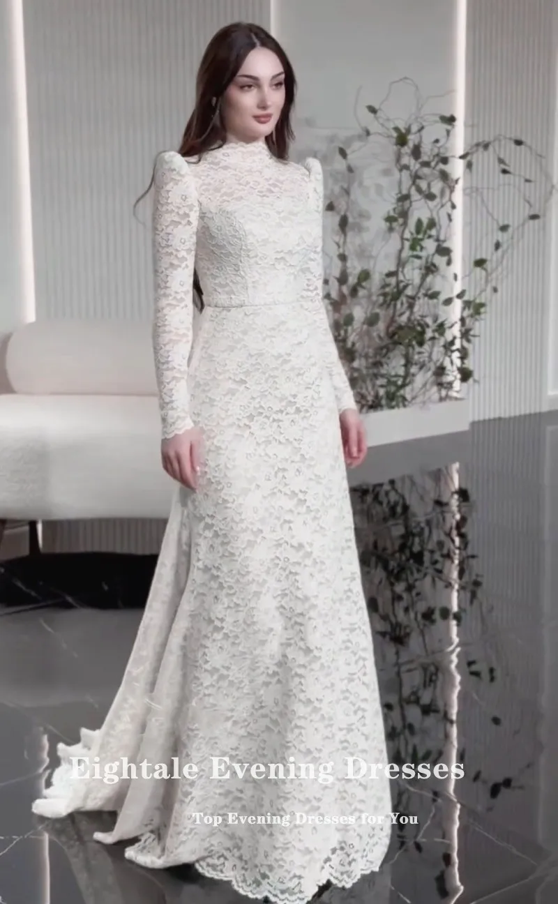 Abito da sposa arabo Eightale Abito da sposa in pizzo avorio personalizzato Collo alto Applicazioni musulmane Abito da festa da sposa a maniche lunghe