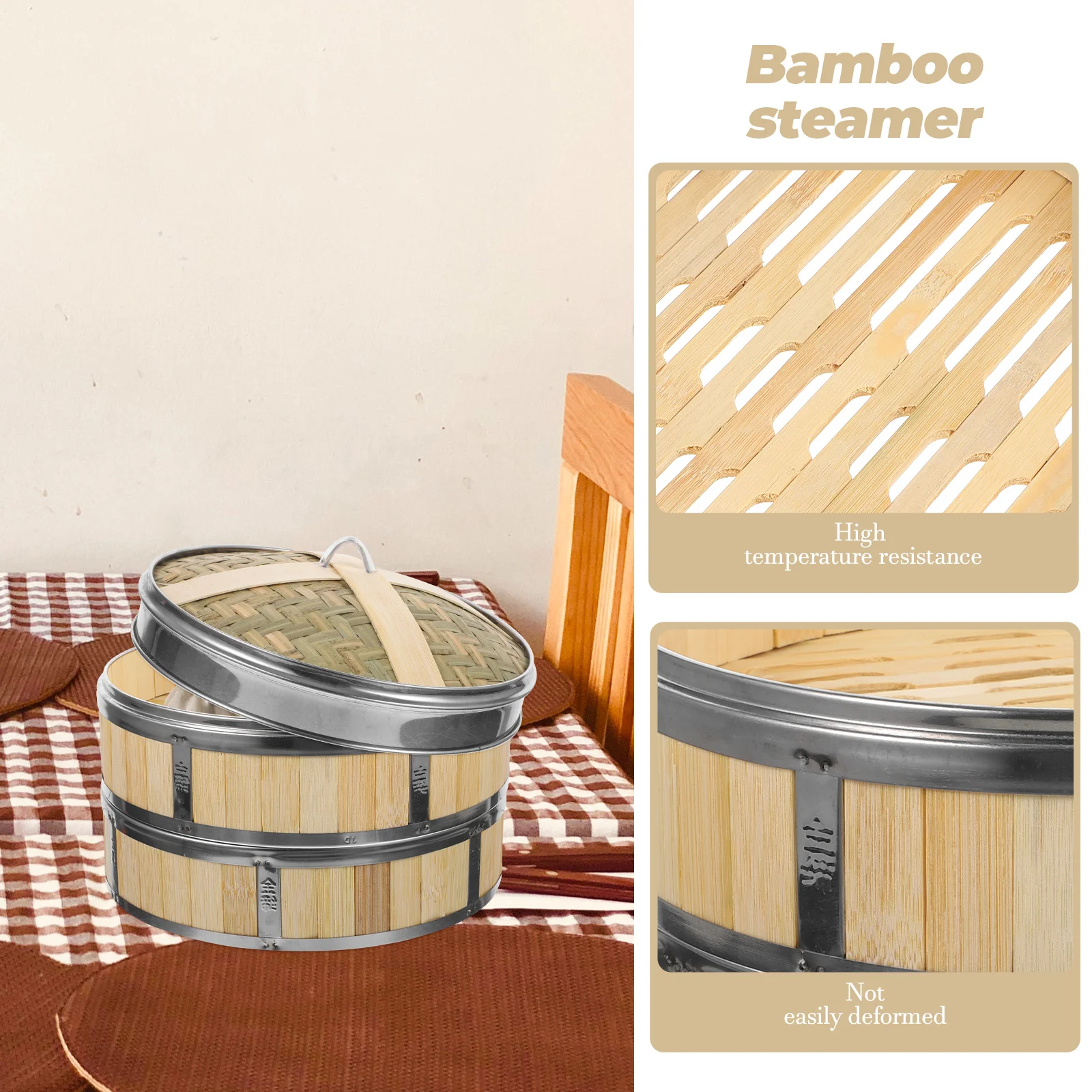 

1 set Bamboo Steamer 7 Inch Two Layers with Lid Stainless High Temperature Even Heat Kitchen Bar Accessories