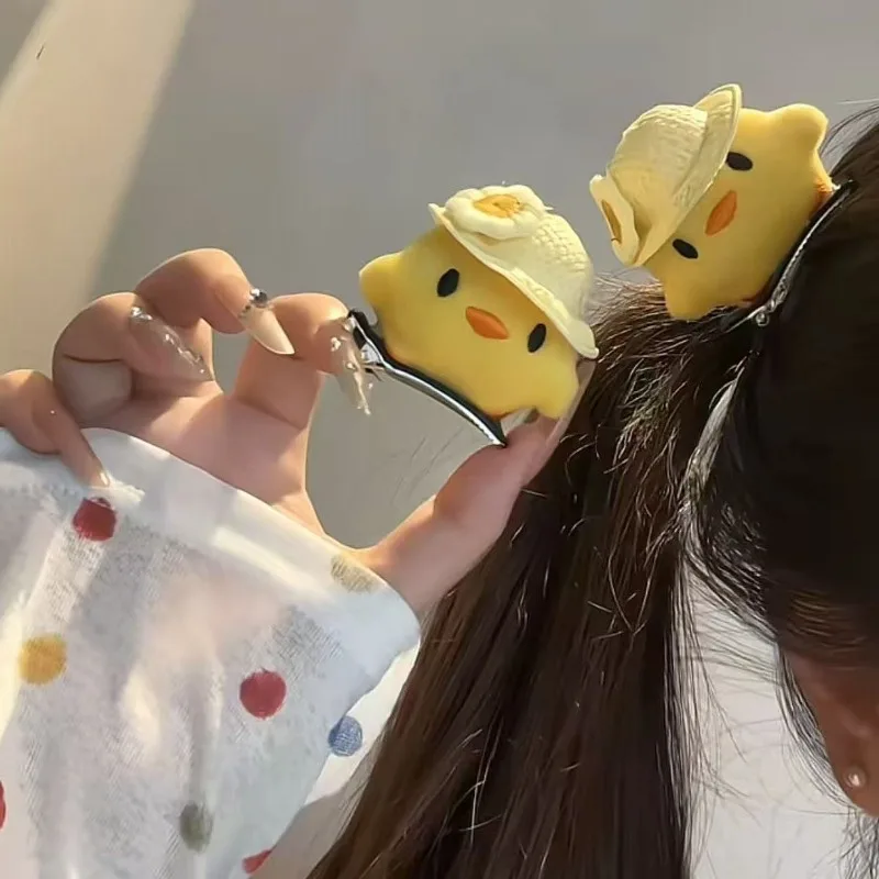 Super Cute Straw Hat Small Yellow Chicken Plush Hairpin  Lying Down Meow  Duck Bill Clip  Cute Girl Heart Side Clip Broken