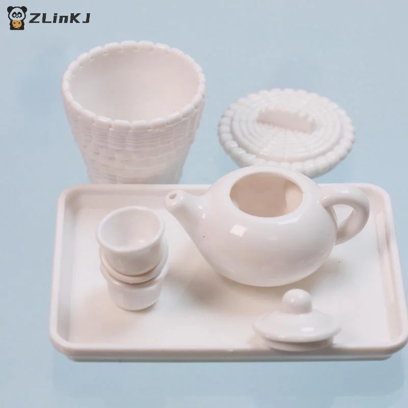 ▶ 1 Set Puppenhaus-Szenenzubehör Simuliertes Tee-Set Modell Teekanne Tasse Teetisch Dekoration Sammlerstück Raumdekoration