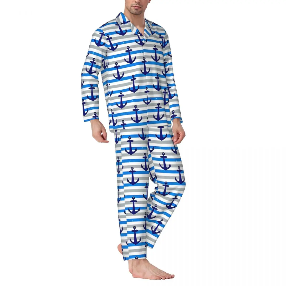 

Nautical Anchor With Blue Stripes Pajamas Male Warm Daily Sleepwear Autumn 2 Pieces Casual Oversized Custom Pajama Set