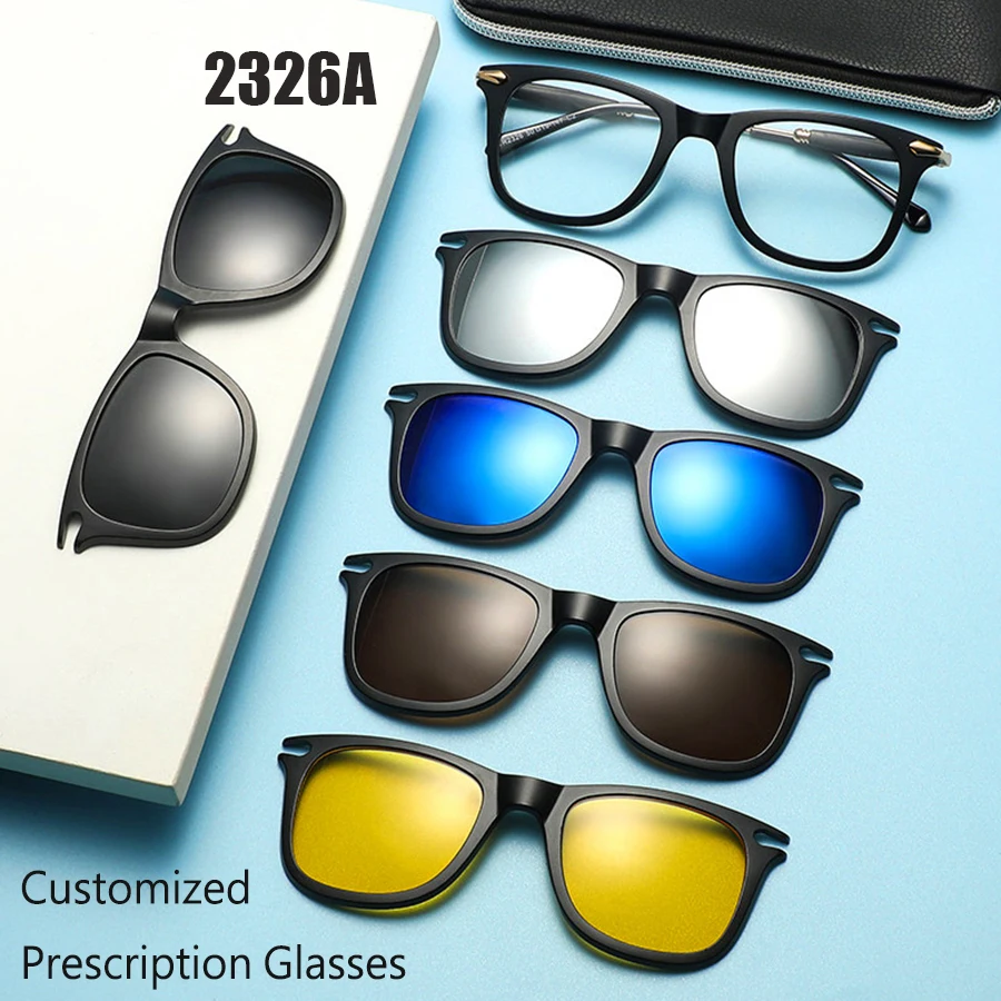 

6 In 1 Customize Prescription Glasses Men Women Anti-Blue Light Myopia Hyperopia With 5 PCS Clip On Polarized Sunglasses 2326