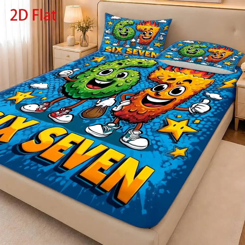 Mattress Protector 2D Flat Printed Fitted Sheet 3-Piece Set of Flat Printed Fitted Sheets with Cartoon Numbers 6 and 7, Hand-Painted Style, Autumn, Festive Fitted Sheet and Pillowcase Set, Mattress Protector, Stain-Resistant, Mattress Cover, Suitable for All Seasons, Machine Washable, Easy to Care For, Suitable for Home Bedroom, Essential for Dormitory Rentals, Master Bedroom and Guest Room Decoration, Dust-Proof and Stain-Resistant, High Elasticity, Fits Various Sizes