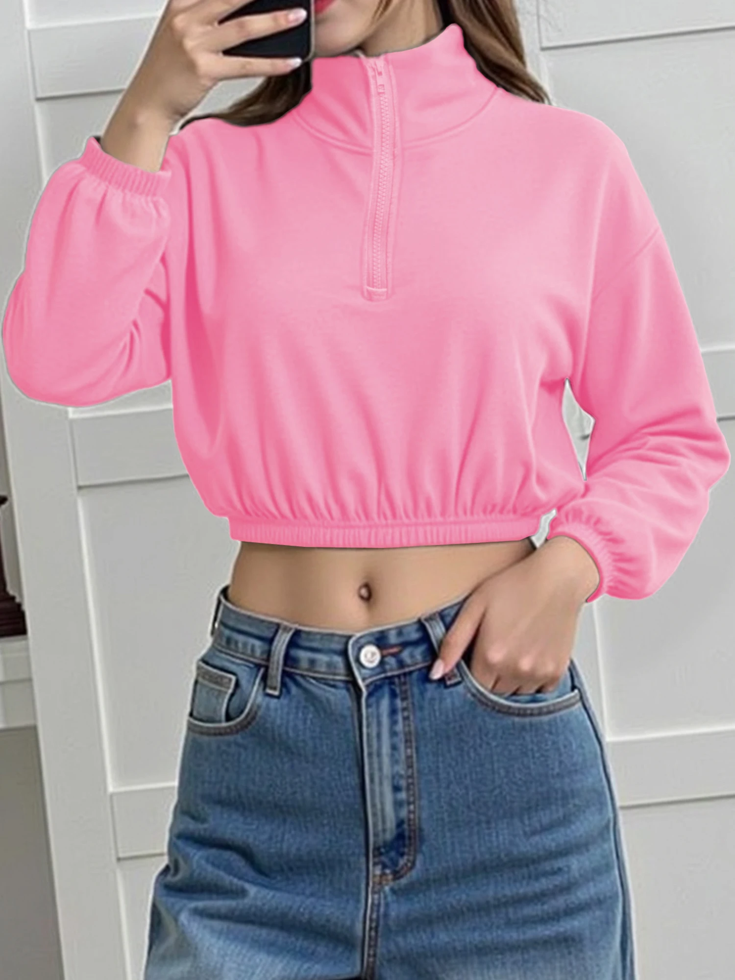 

Укороченный свитшот в стиле Spicy Girl с воротником-стойкой на молнии до середины груди для женщин, свободный крой, длинный рукав, приталенный силуэт, универсальный топ