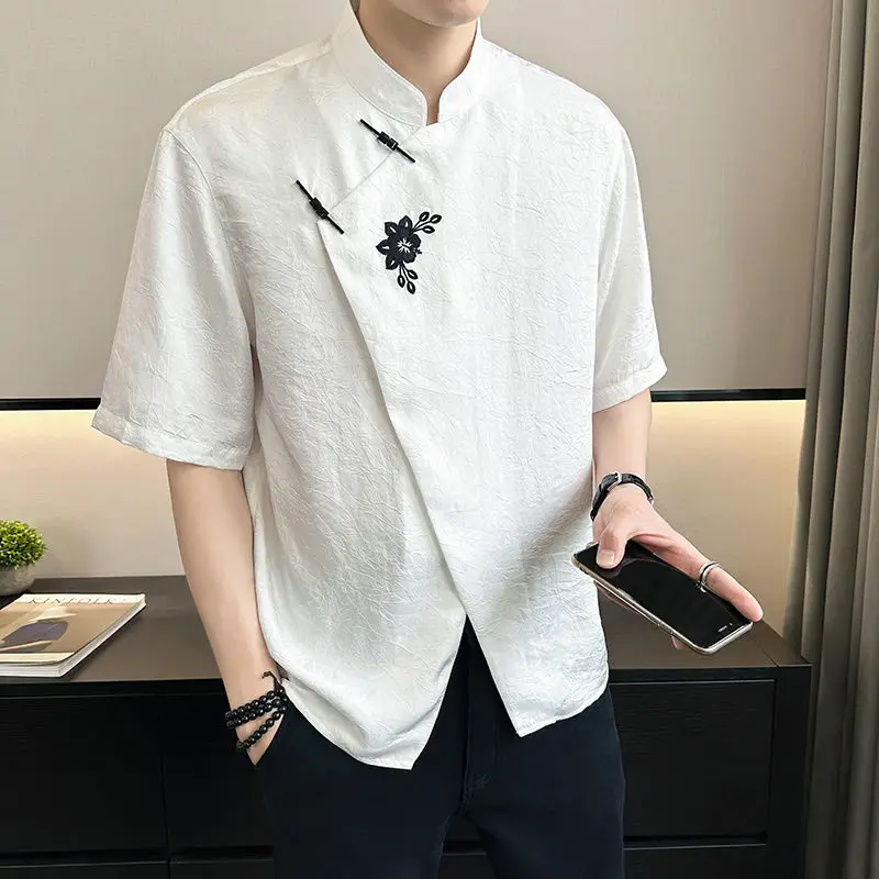 

Traditional Chinese Clothing Summer Short-sleeved Shirt Men Ice Silk Stand Collar New Fashion New Mens Tops