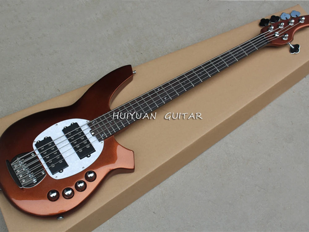 

5 Strings Brown Active Electric Bass Guitar with Rosewood Fretboard,White Pearl Pickguard