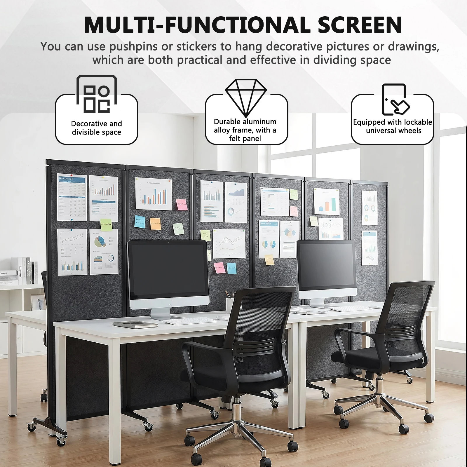 

Rolling Privacy Room Divider with Lockable Wheels Portable Fabric Wall Divider with Felt Board for Home Dorm Decor