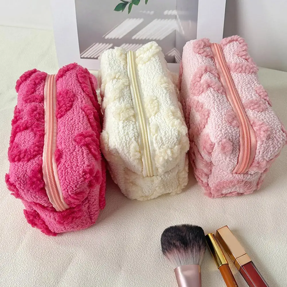 Cute Plush Heart Cosmetic Pouch with Wrist Lanyard, Large Capacity Fluffy Travel Makeup Organizer Bag for Toiletries,Cosmetics