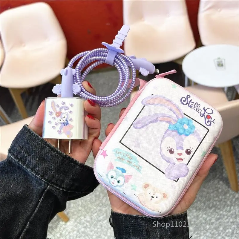 Disney Stellalou LinaBell Charger Data Cable Protective Cover for iPhone 13/12/11 18W/20W Cute Glue Shell Winding Rope with Bag