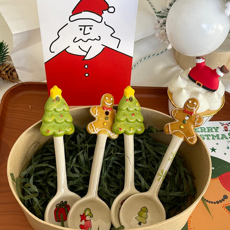 Cucharas de cerámica para cena de fiesta de Navidad, árbol de Navidad de dibujos animados, cuchara para sopa de pan de jengibre, accesorios de cocina, regalo, decoración del hogar