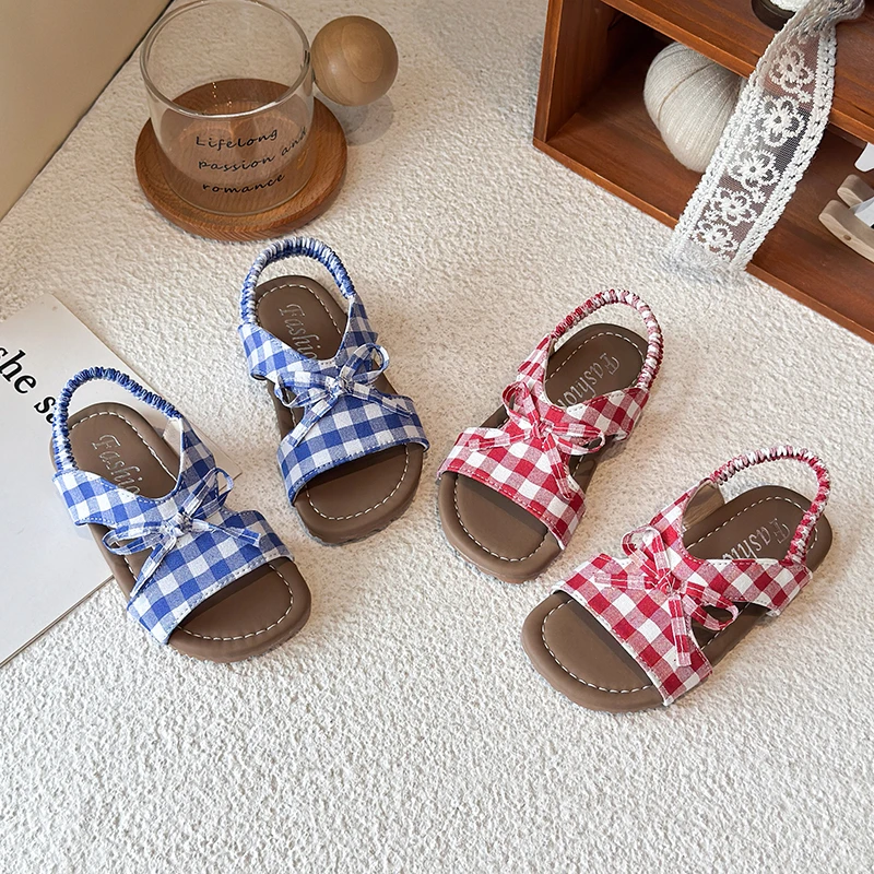 Summer Girl's Sandals Plaid Cut-Outs Bowtie Sweet Kids Slide Elastic Band Open Toe Non-Slip Light Children Beach Shoes 23-33