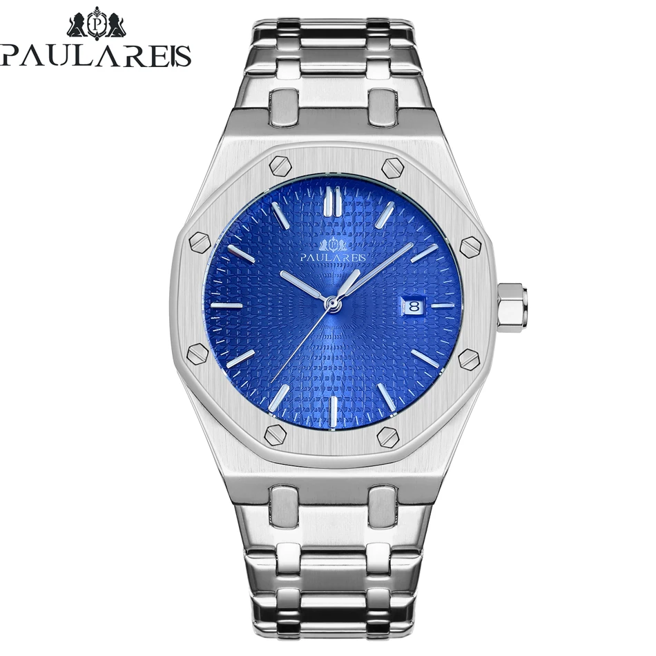 Men Automatic Self Wind Mechanical Stainless Steel Strap Business Blue Rose Gold Yellow Gold Fashion Watch