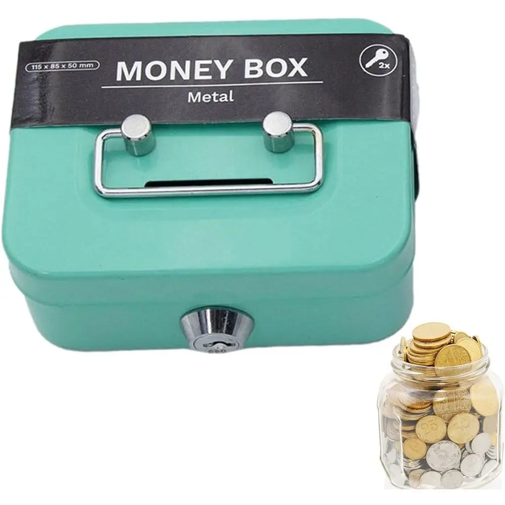 Portable Metal Money Box Lockable with Coin Slot Coin Bank Sturdy Handles Security Coin Saving Box