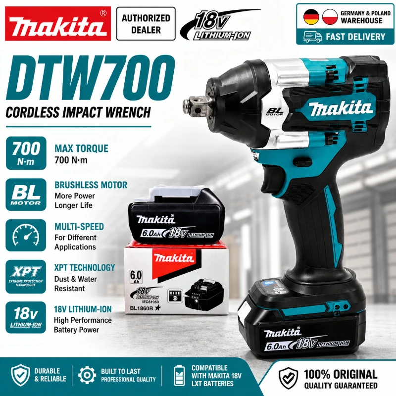 Makita DTW700 Akku-Schlagschrauber 18V Bürstenlos 700Nm Elektrischer Schlagschrauber mit Hohem Drehmoment 1/2 Zoll Vierkantantrieb Variable Geschwindigkeit Auto-Stopp für BL1830 BL1840 BL1850 BL1860B