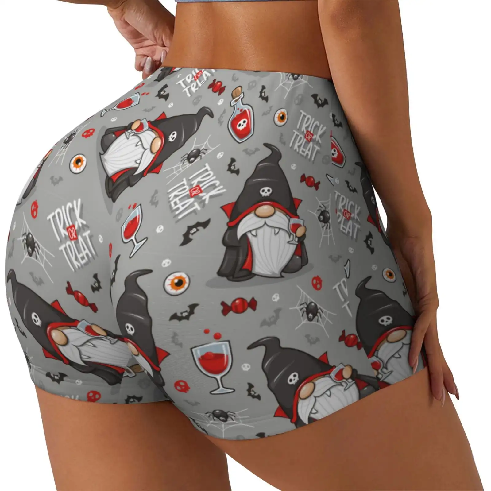 Halloween Gnome Print Women's Workout Shorts,Workout Biker Shorts Women,Exercise Fitness Shorts,Scrunch Short