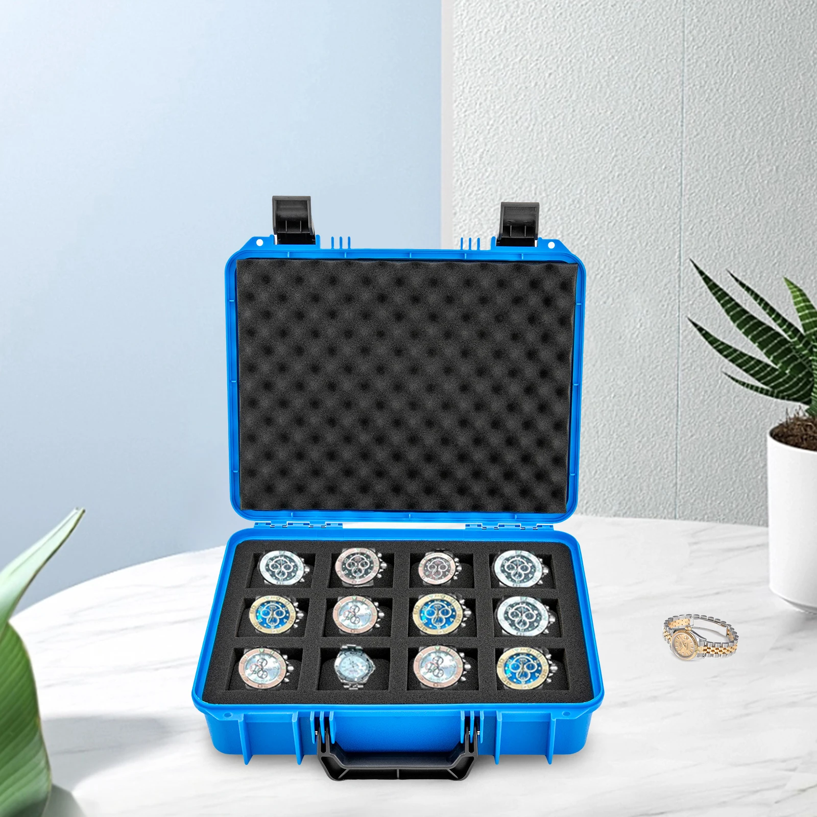 

Коробка для часов — прочный пластиковый футляр для хранения часов с 12 слотами, пыленепроницаемый органайзер для дома, дорожной гардеробной, синий