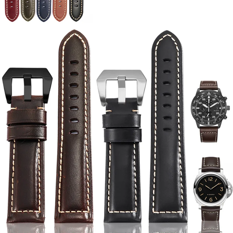 

Classic Vintage Oil WaxLeather Men's Watchband Pin Buckle General Purpose Genuine Leather Watch Chain 20 24 26mm