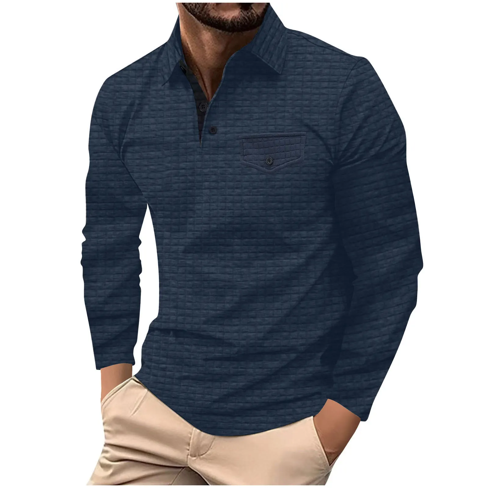 Autumn And Winter New Long-Sleeved Sports POLO Shirt Chest Pocket Design Casual Fashion Color Matching Check Thickened