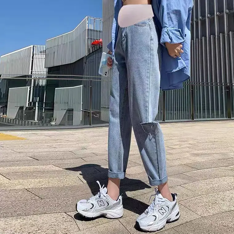 Maternity Pants Spring and Summer Thin Denim Straight Pants Pregnant Women Spring and Autumn Loose Ninth Daddy Pants Large Size