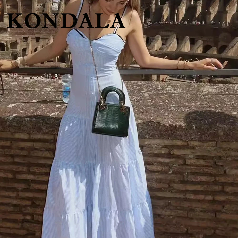 

KONDALA Chic Striped Sexy Y2K Purple Summer Woman Dress Fashion 2025 Holiday Button Strapless Dress Long Mujer Pleated Vestido