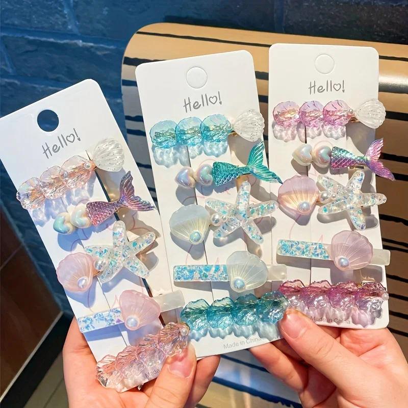 

5pcs Mermaid Princess Hair Set - Iridescent Starfish Bang Clip + Seashell Side Combs Ocean-Themed Hair Accessories Baby Girls