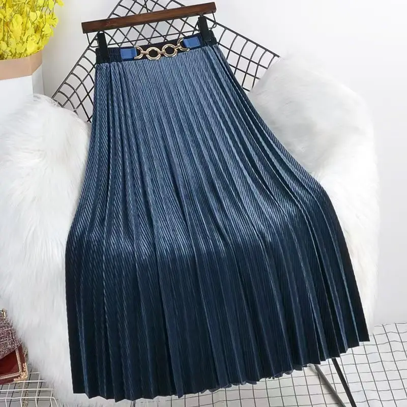 

Осень-зима бархатная плиссированная юбка женская мода однотонная эластичная юбка трапециевидной формы с высокой талией миди длинная вечерние юбка