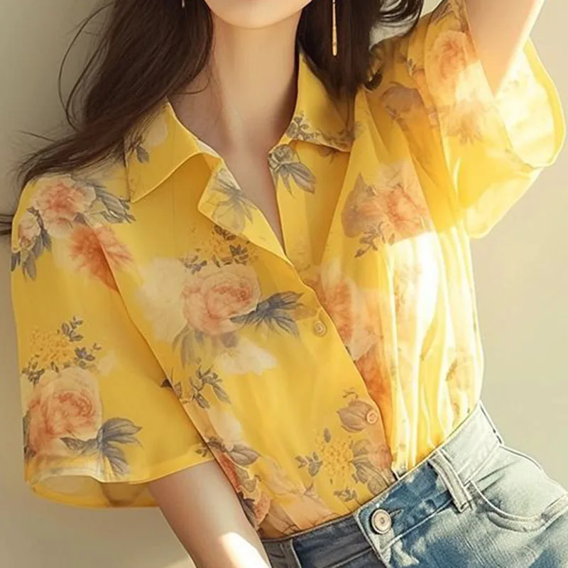 Yellow Floral Shirt for Female, French Small Fragrance Design, Chic and Beautiful Top, Summer New, 2024 Women's tops