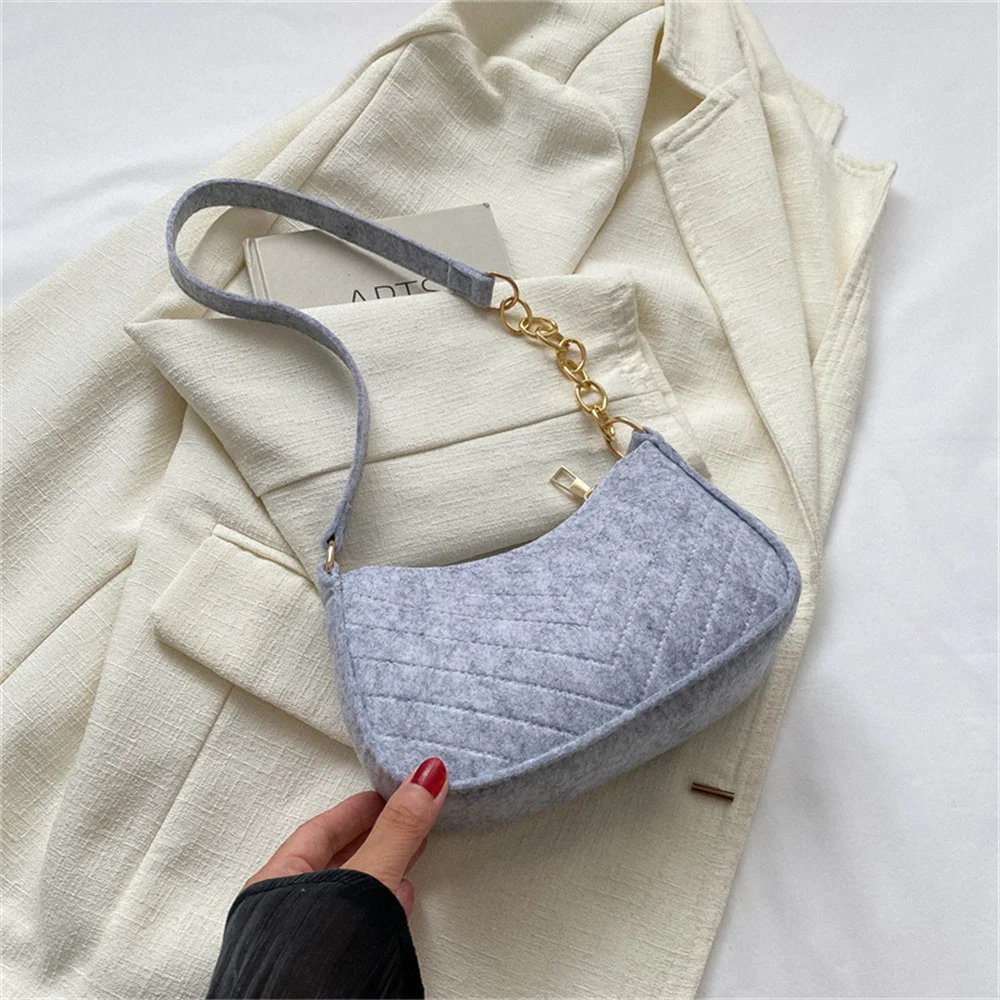 Mini bolso de hombro de moda para mujer, bolsos Retro de fieltro de Color sólido para las axilas, monedero informal, bolso de bola de masa hervida,