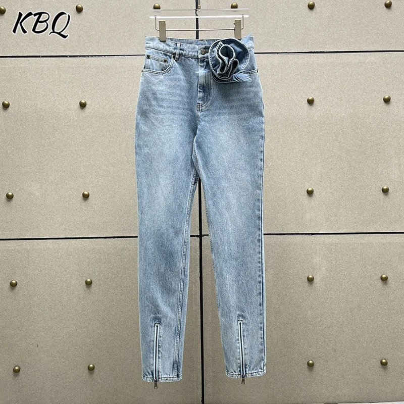 

KBQ Solid Patchwork Appliques Skinny Denim Pants For Women High Waist Spliced Zipper High Street Designer Pants Female Fashion