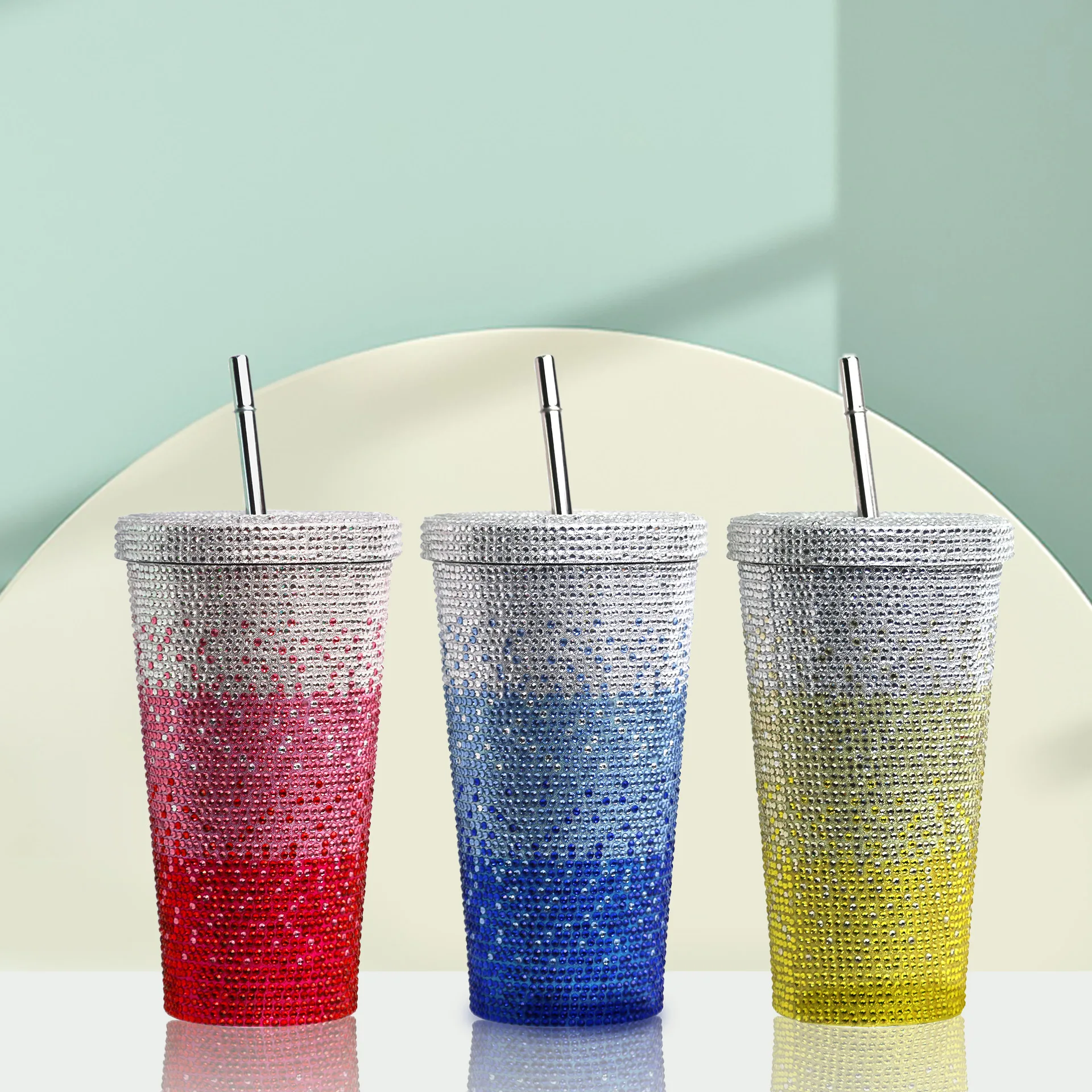 

500ml Gradient Crystal-Encrusted Stainless Steel Straw Tumbler with Hot-fix Glass Rhinestone Glitter Coffee Mug Drinkware