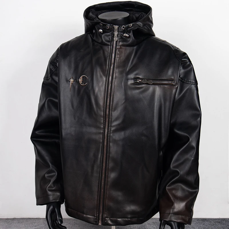 

Американский тренд THUG CLUB Кожаные куртки Осень-зима Уличная одежда Брендовая лоскутная куртка с логотипом Thug Клубная куртка с капюшоном Верхняя одежда