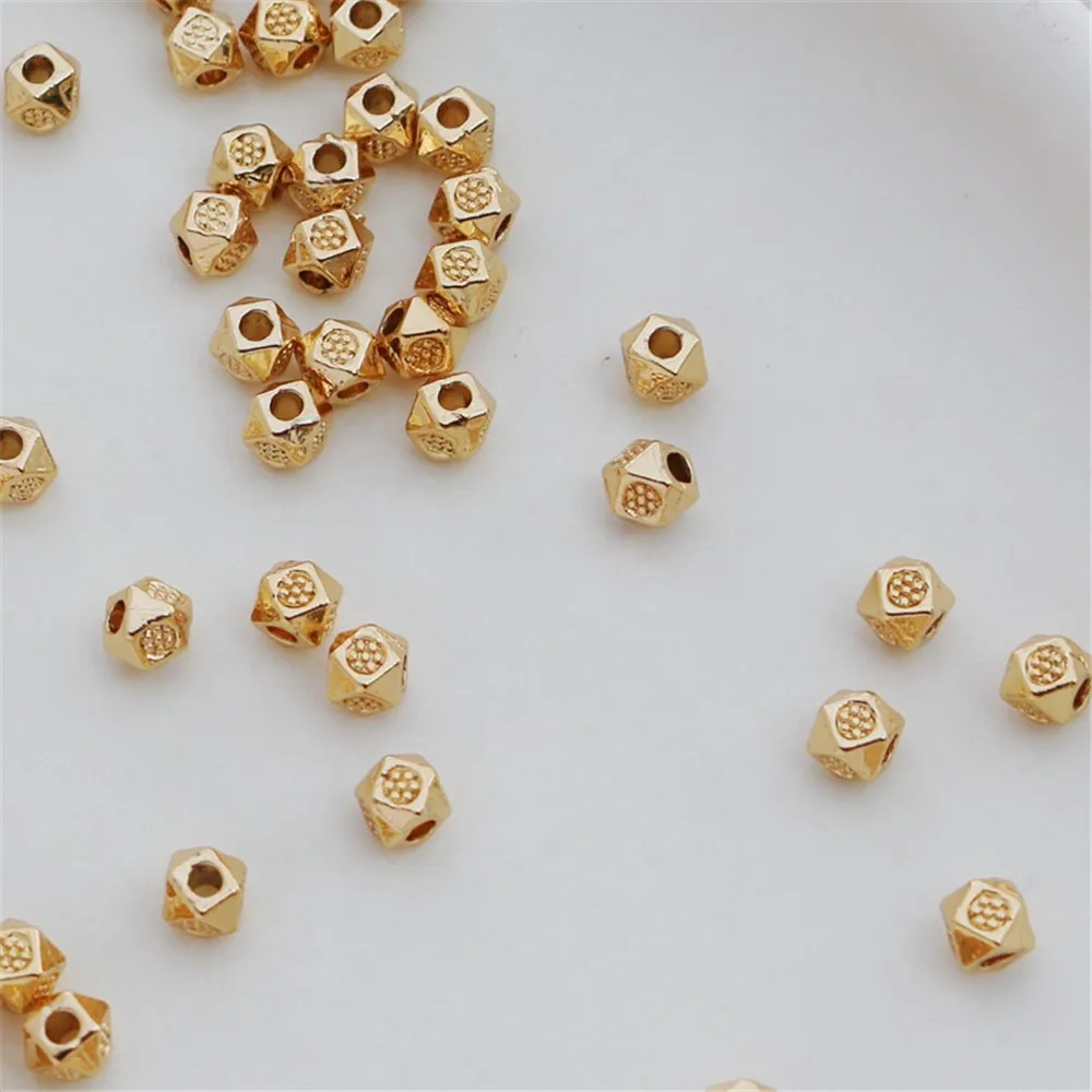 14K Gold-coated Color-preserving Dotted Pattern 4MM Faceted Square Bead Diy Bracelet Necklace Handmade Jewelry Loose Beads.