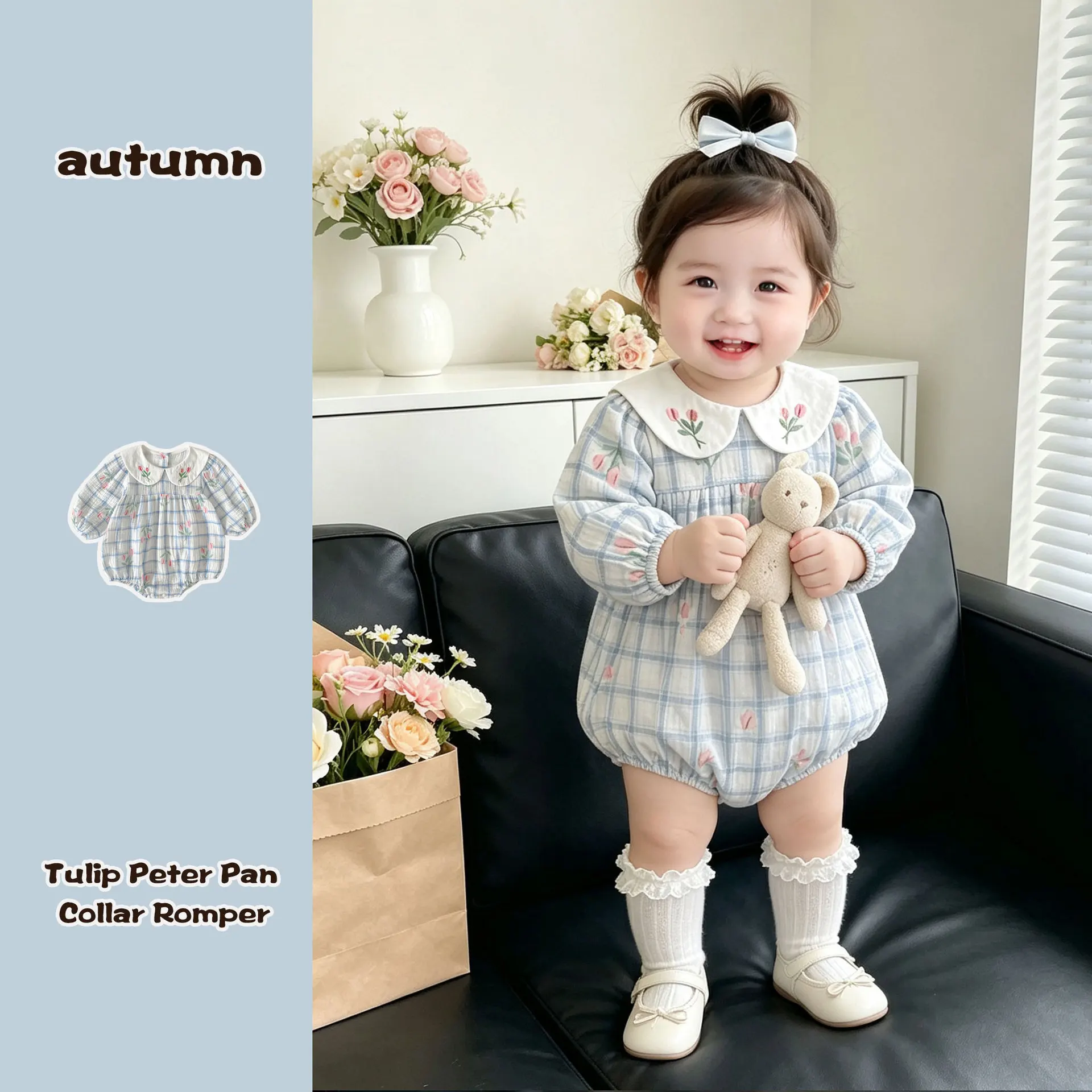 2026 Baby Autumn Dress Sweet Beauty Baby Embroidered Collar Romper jumpsuit Western plaid bag fart clothes Climbing clothes