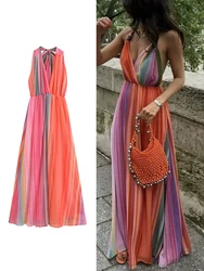 TRAF Elegant Women Colorful Striped Halter Dress 2024 Sexy Sleeveless Backless High Wasit Maxi Dresses Chic Beach Robes