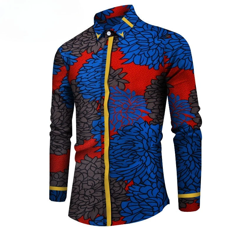 

African Ethnic Print Fitted Casual Youth Regular Cotton Four-season Long-sleeved Square-neckShirt Men Shirt Designer Clothes Men