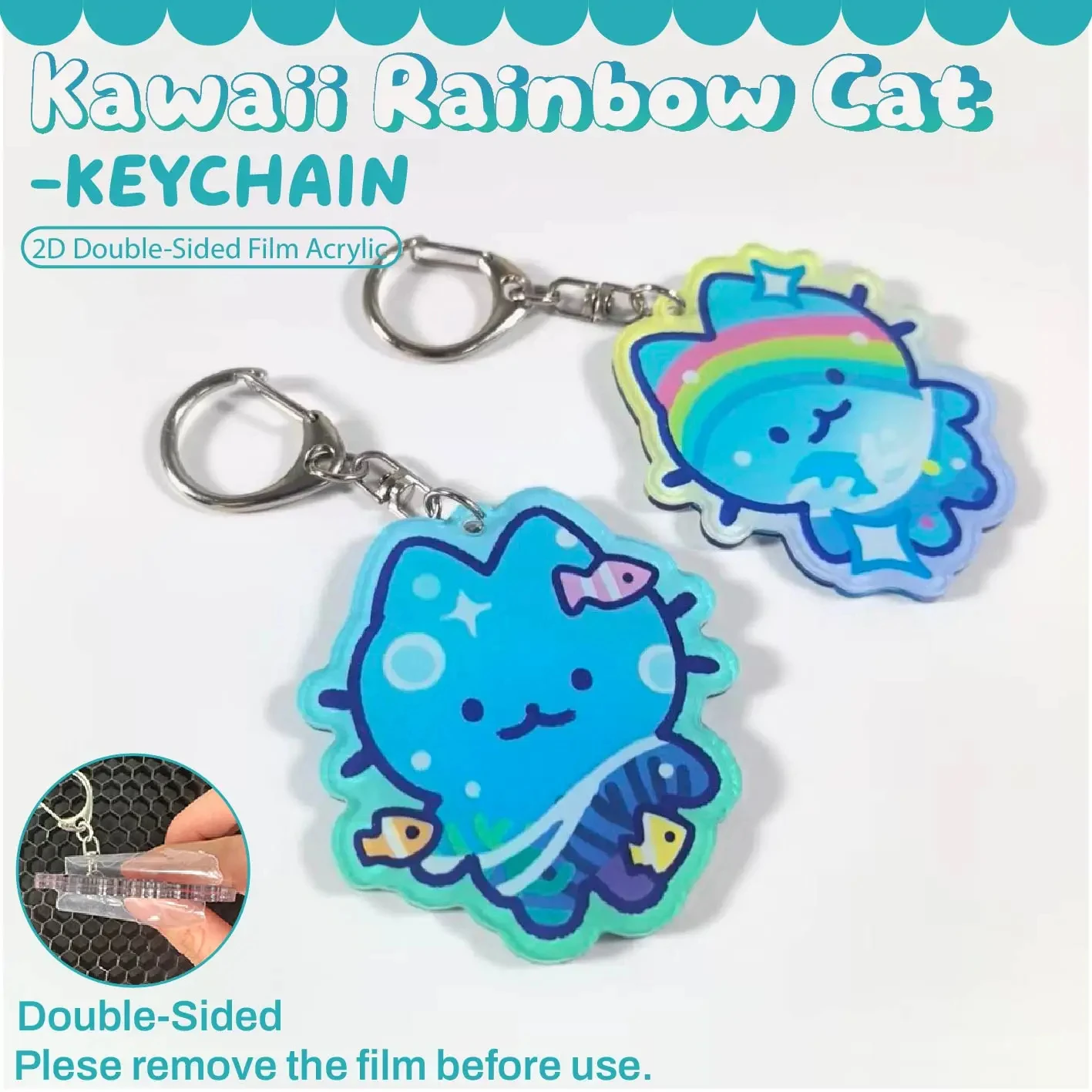Kawaii Rainbow Cat Keychain，Cute animal，Cute Cat，Cartoon， 2D Acrylic Keychain，Gift for Birthday Christmas Party Favor，Bag charm