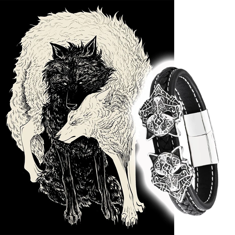 

Nordic Viking Stainless Steel Double Wolf Head Bracelet Men's Punk Rock Leather Jewelry