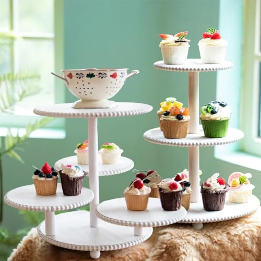 

GENMOUS 2PCS 3 Tier and 4 Tier Beaded Cupcake Stand Set for Birthday Party Decor, Rustic Wooden Cupcake Tower Stands for 74 Cup