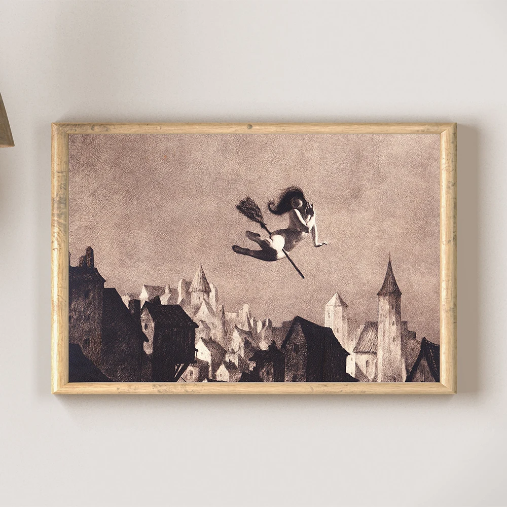 Witch on Her Broom Poster Vintage Nude Woman Print Gothic Wall Art Canvas Painting Halloween Decoration Picture Home Room Decor