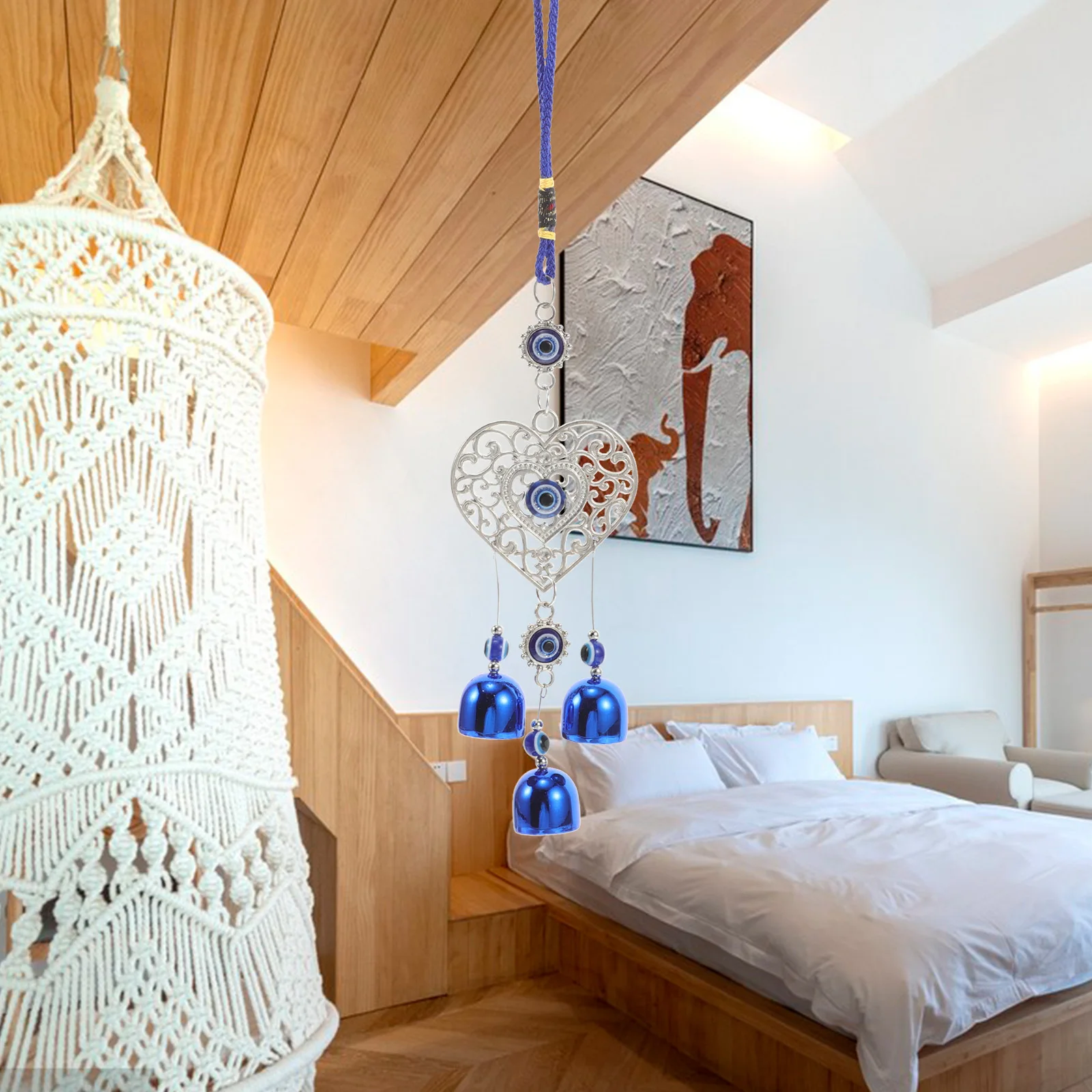 

Ceiling Fan Hanging Evil Eye Decor Heart Shaped Blue Pendant Wind Chime Bell Ornament Indoor Wall Hanging Unique Room Decoration