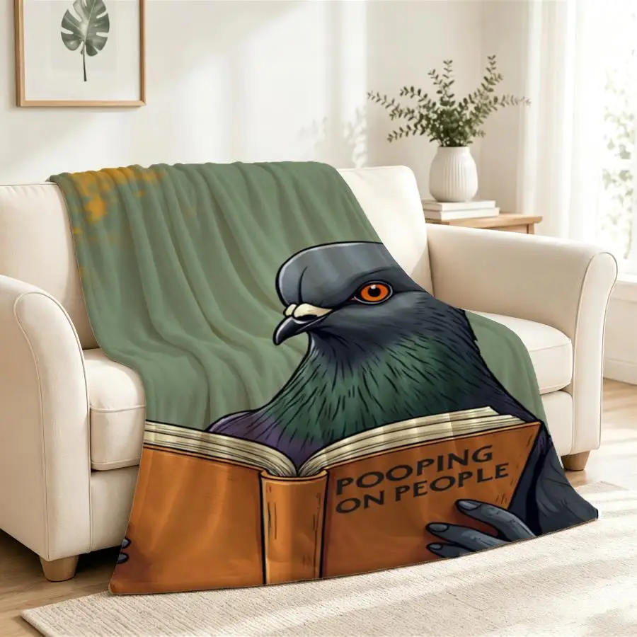 Cozy Illustrated Pigeon Reading Flannel Throw Blanket-Soft, Warm Ideal for Couch, Bed, Office & Travel Perfect Gift for Friends & Family Machine Washable 2D Flat Weighted Blanket 280GS, 2D Flat