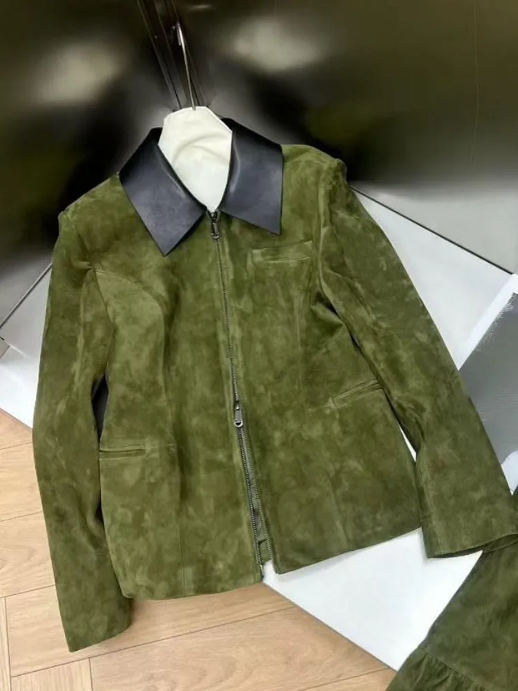 Capispalla in vera pelle confortevole da donna stile retrò con cerniera risvolto tinta unita maniche lunghe capispalla sottile in pelle scamosciata di pecora