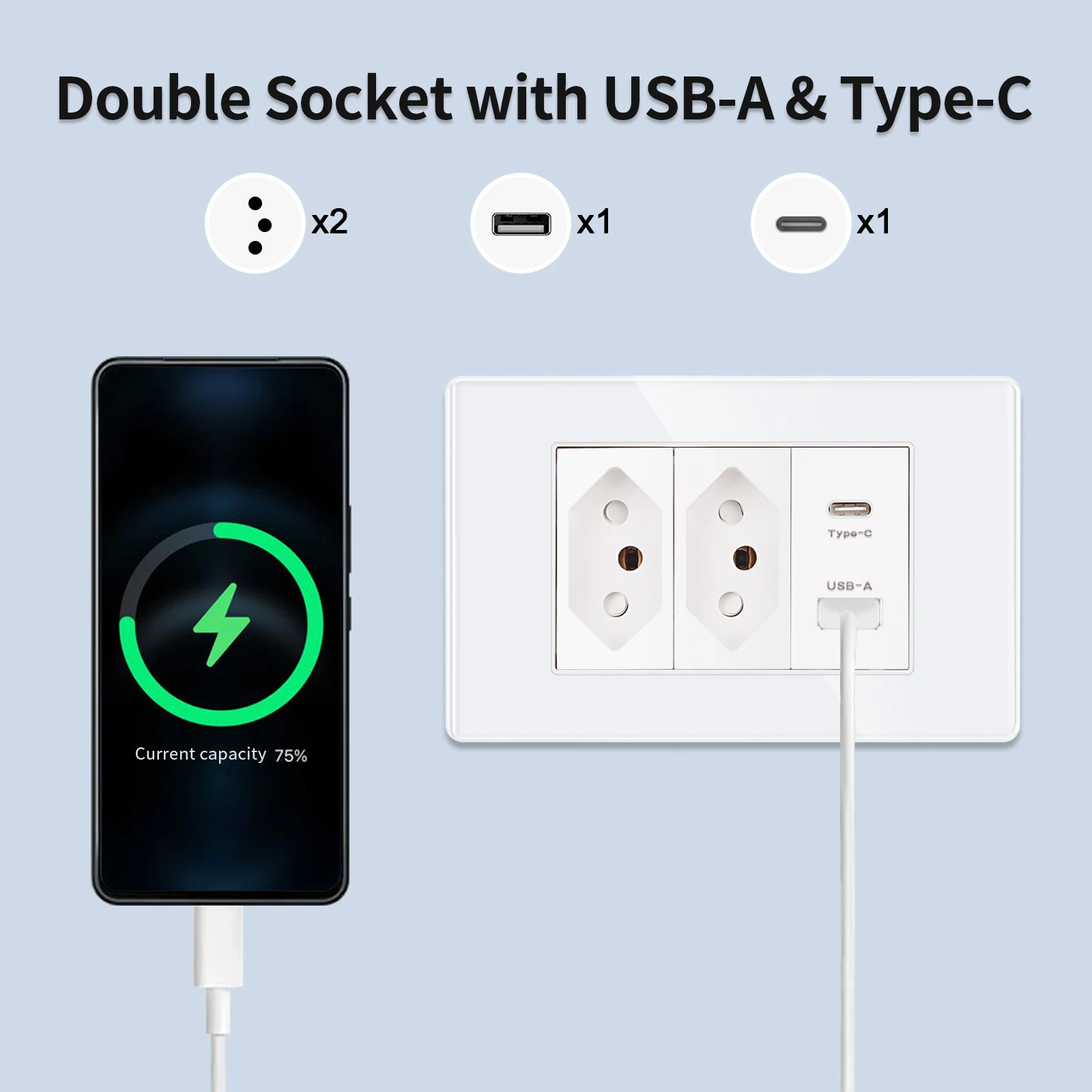 White Brazilian socket and light switch socket with USB Type C wall power socket, 118x74mm glass panel 110-250V20A