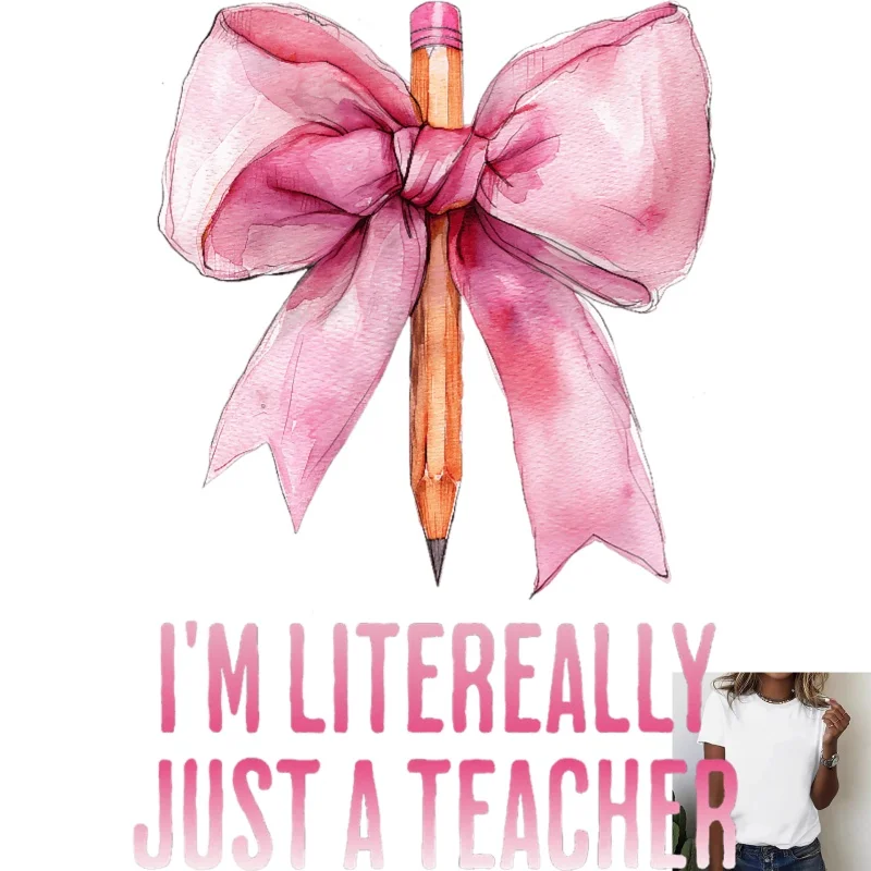 Teacher's Day Exclusive Pink Bow Pencil Heat - Transfer White Ink Iron - on Transfer, Suitable for T - shirts/Canvas Bags,