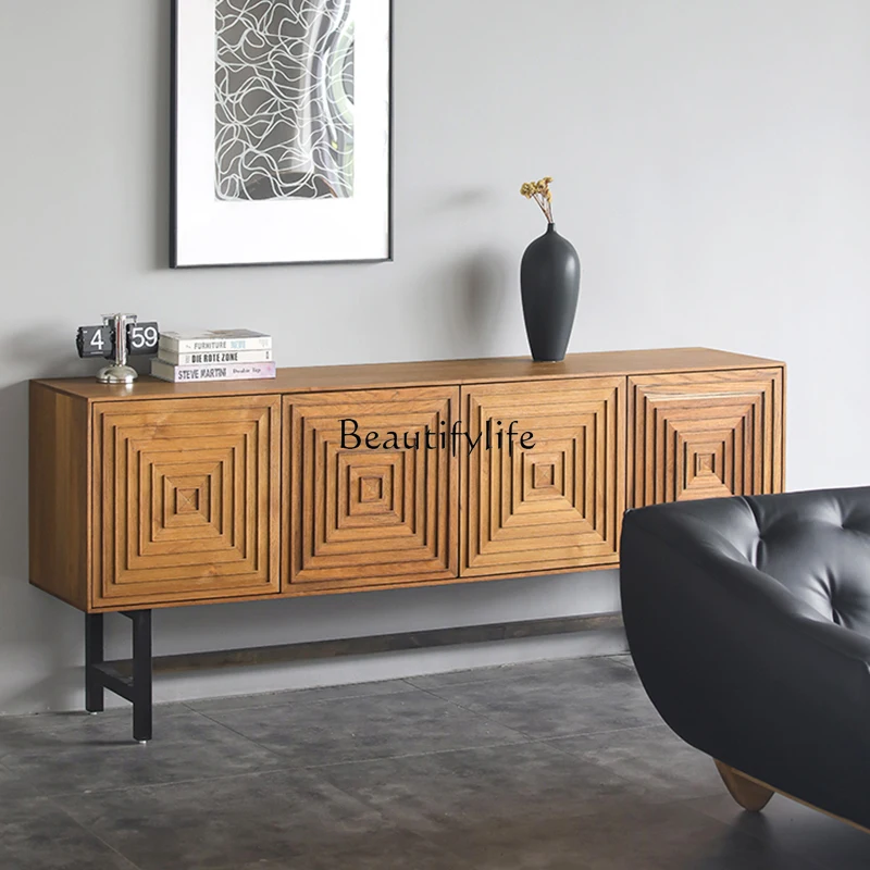 

jj *Modern wabi-sabi style dining side cabinet Nordic simple engraving solid wood storage home living room wall tea cabinet