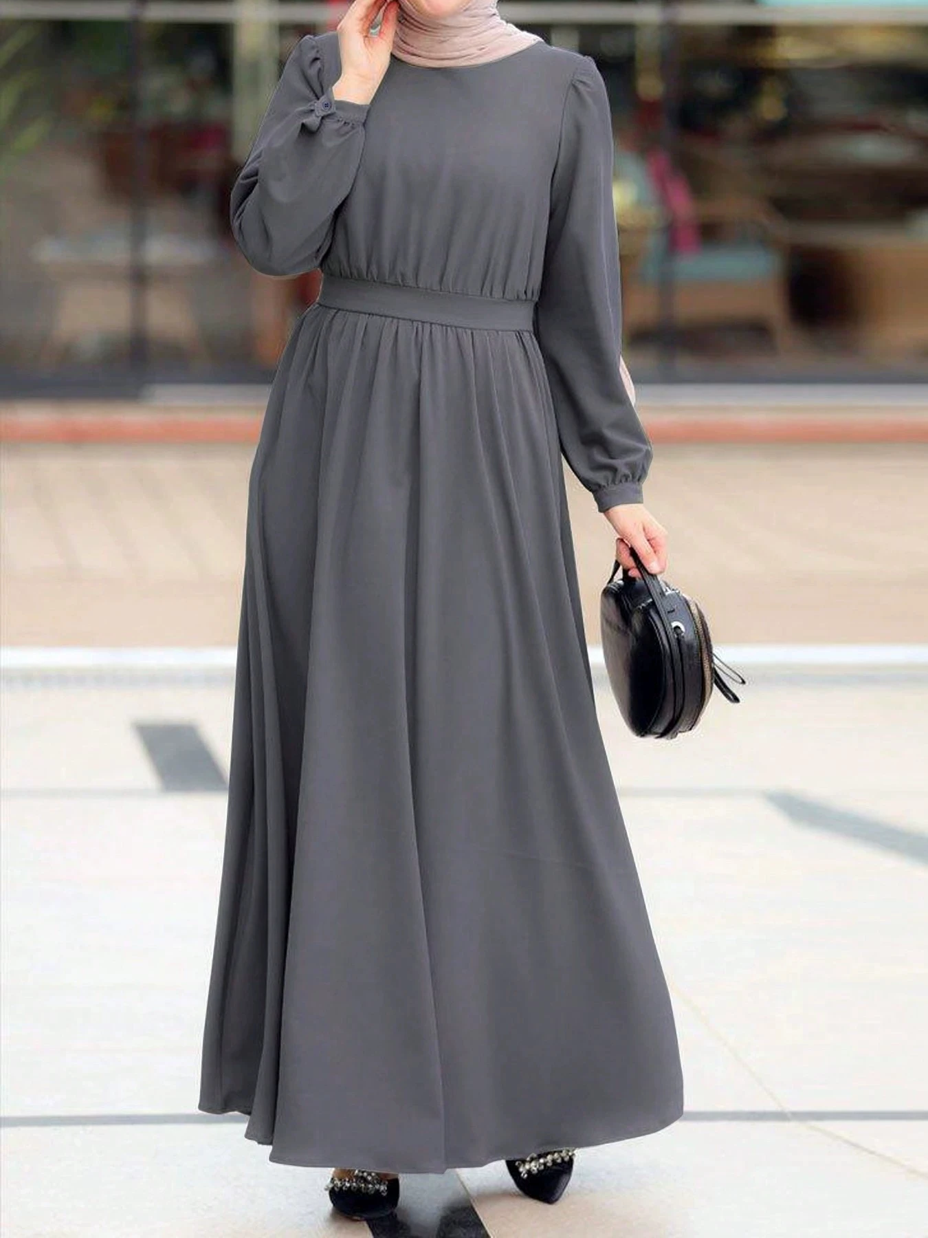 

ZANZEA Elegant Muslim Abaya Dress for Women Long Lantern Sleeve Pleated Sundress Belted Robe Autumn 2026 Femme Party Vestido